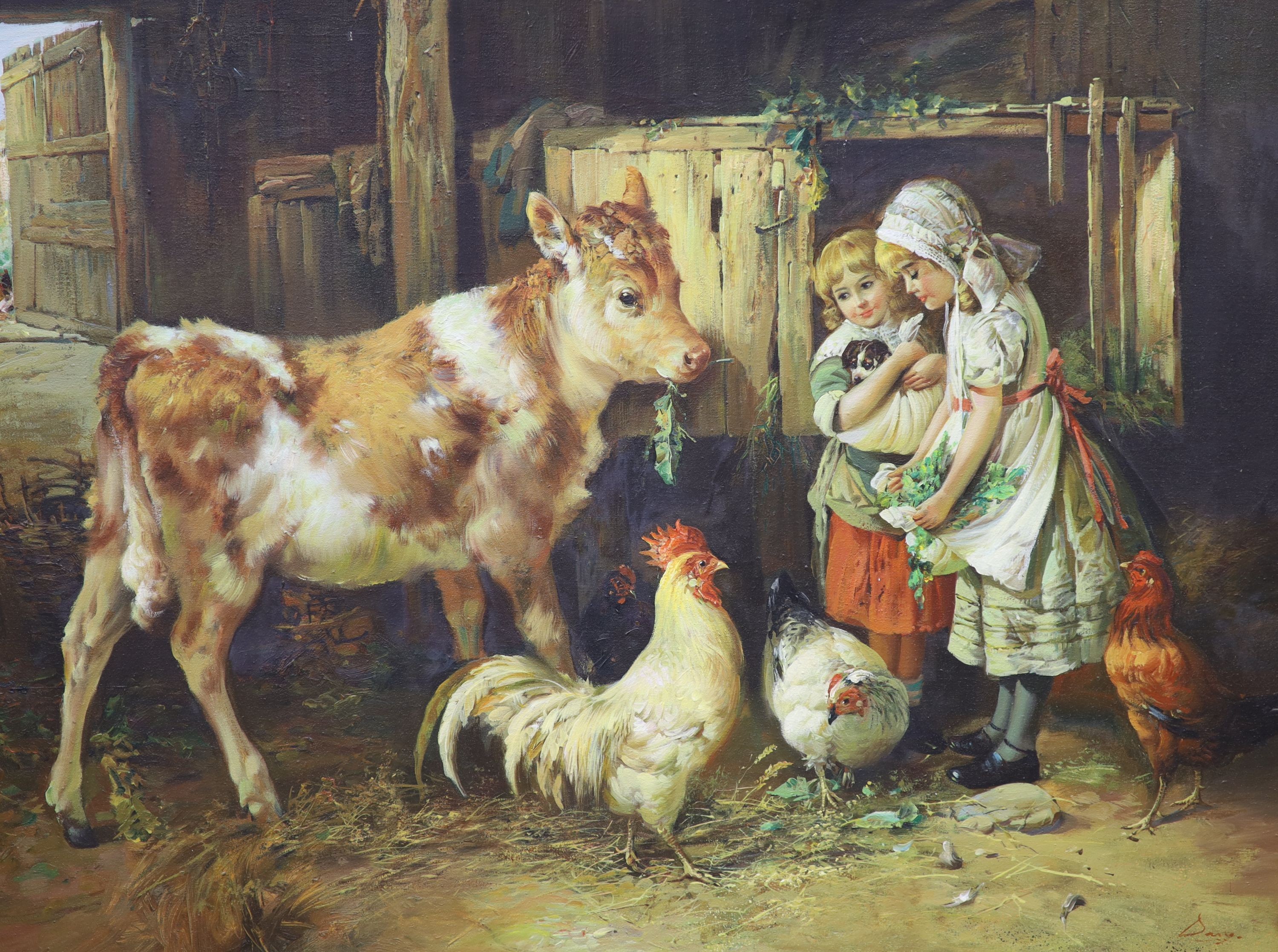 Continental School, oil on canvas, Girls in a farm with calf and chickens, bears signature, 66 x 87cm and a C. Garnier (20th century British), oil on canvas, 